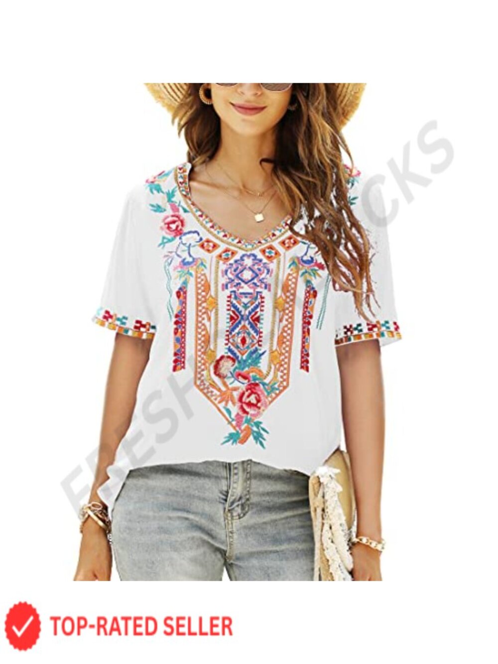 Embroidered V-Neck Tunic Boho Short Sleeve Cotton Rayon Peasant Top